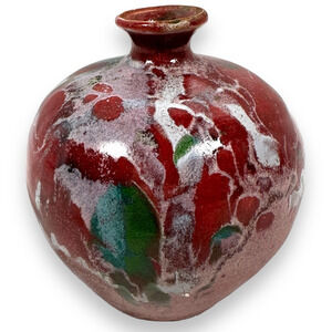 Vintage Cooper Mays NC Bud Vase Red Art Pottery Abstract Stoneware 4” Glaze